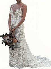 Sheath Column Mesh V Neck Lace Wedding Dress