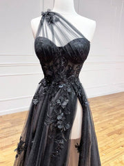 A-Line Black Tulle Lace Long Prom Dress, Black Formal Graduation Dress - RongMoon