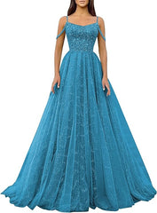 Pink Spaghetti Straps Sequin Tulle Cold Shoulder Prom Dresses