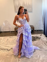 Lavender Lace Straps A Line Prom Dress With Slit