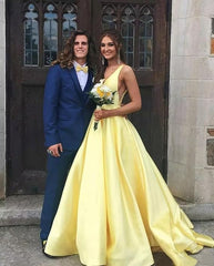 A Line V Neck Yellow Satin Prom Dress With Pockets