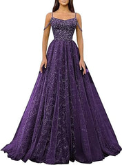 Pink Spaghetti Straps Sequin Tulle Cold Shoulder Prom Dresses