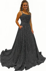 Blue Sequins A Line Spaghetti Straps Prom Dress