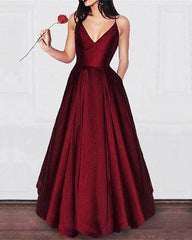 Spaghetti Straps V-neck Floor Length Long Prom Dress Satin Evening Gowns