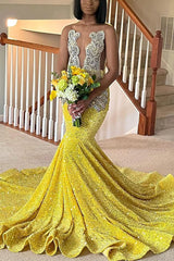 Mermaid Beading Sheer Neck Yellow Sequins  Prom Dress