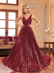Burgundy V Neck A Line Sequin Party Prom Dress