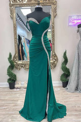 Satin Mermaid Asymmetrical Green Prom Dress with Slit