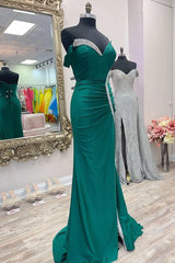 Satin Mermaid Asymmetrical Green Prom Dress with Slit