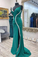 Satin Mermaid Asymmetrical Green Prom Dress with Slit