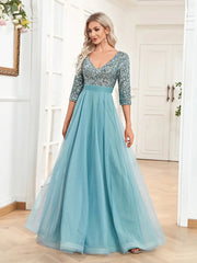 Sequin Chiffon Burgundy Half Sleeve Party Prom Dress