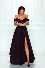 Spaghetti Straps Off Shoulder Long Satin Prom Dresses Leg Split