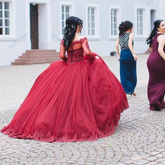 Maroon Tulle Long Sleeves Lace Wedding Dresses Ball Gowns 2017