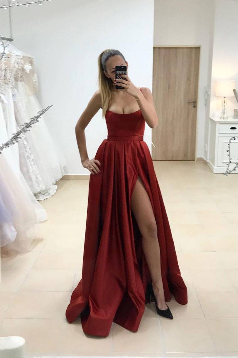Simple satin burgundy long prom dress burgundy evening dress - RongMoon