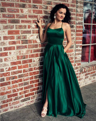 Long Satin Open Back Prom Dresses Leg Slit Evening Gown