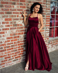Long Satin Open Back Prom Dresses Leg Slit Evening Gown