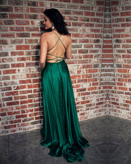 Long Satin Open Back Prom Dresses Leg Slit Evening Gown