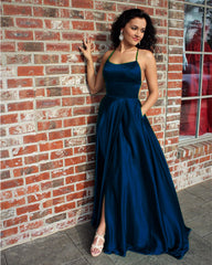 Long Satin Open Back Prom Dresses Leg Slit Evening Gown