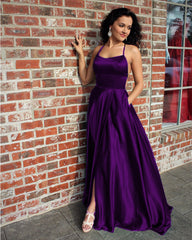 Long Satin Open Back Prom Dresses Leg Slit Evening Gown