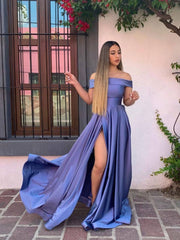 Simple purple off shoulder long prom dress, purple evening dress - RongMoon