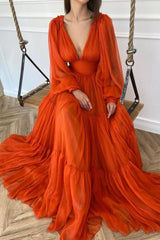 Orange v neck chiffon long prom dress orange evening dress - RongMoon