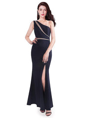 One Shoulder Long Black Mermaid Evening Dress With Slit
