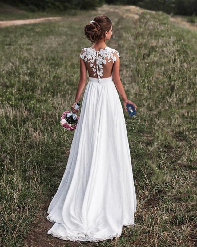 Lace Back Chiffon Wedding Dress Cap Sleeves