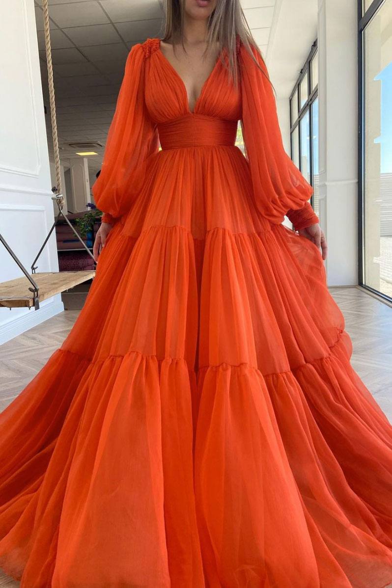Orange v neck chiffon long prom dress orange evening dress - RongMoon