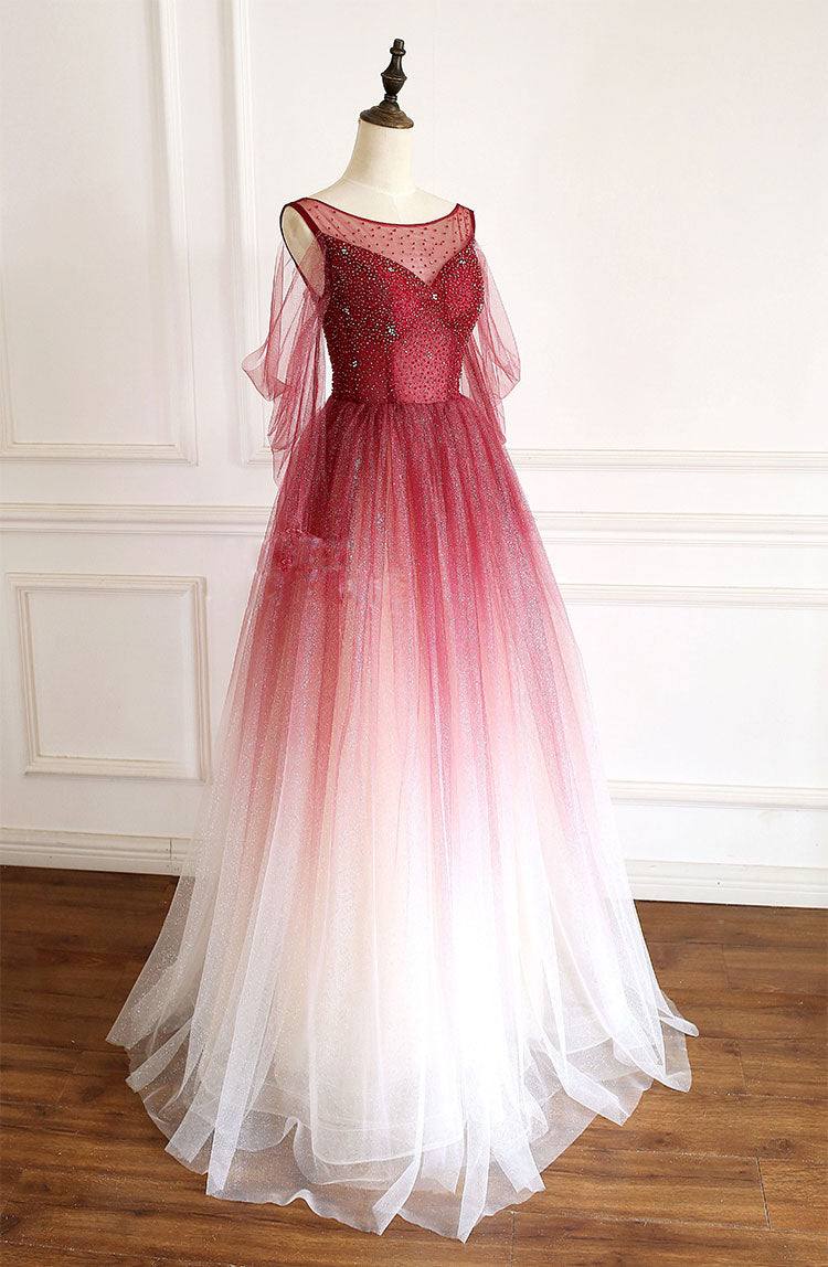 Burgundy tulle sequin long prom dress burgundy tulle formal dress - RongMoon