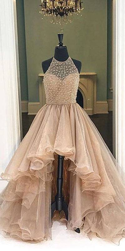 Unique round neck high-low prom dresses for teens, evening dresses - RongMoon