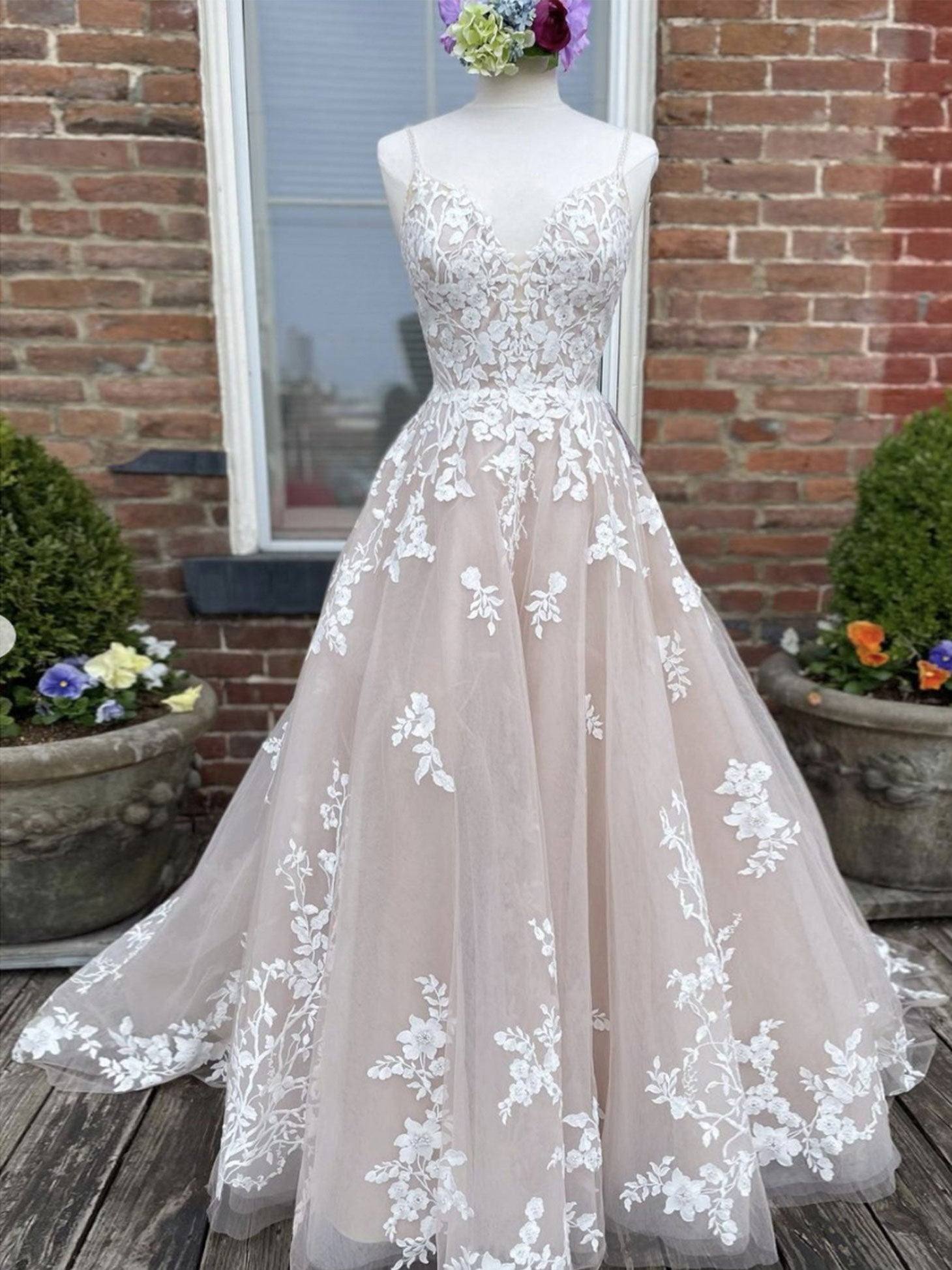 Champagne v neck tulle lace long prom dress lace tulle formal dress - RongMoon