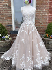 Champagne v neck tulle lace long prom dress lace tulle formal dress - RongMoon