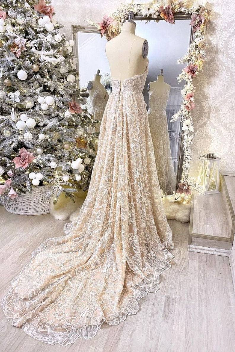 Champagne v neck lace long prom dress champagne evening dress - RongMoon