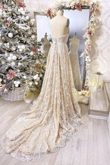 Champagne v neck lace long prom dress champagne evening dress - RongMoon