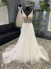 White v neck tulle sequin beads long prom dress, A line evening dress - RongMoon