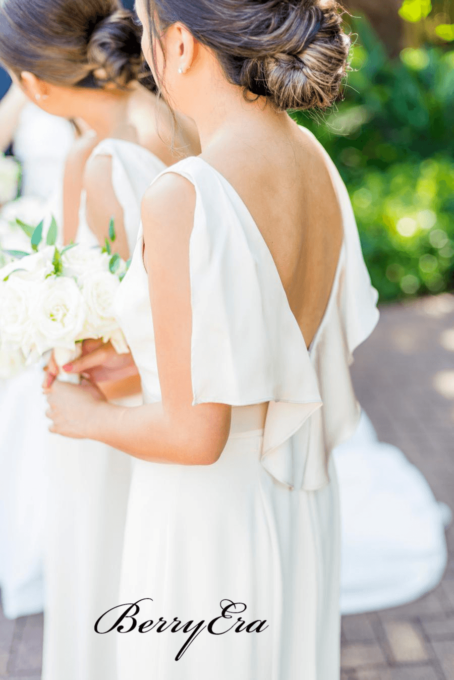 Side Slit Sheath Ivory Long Bridesmaid Dresses, V-back Bridesmaid Dresses - RongMoon