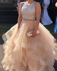 Exquisite Sequin Beaded Organza Ruffles Prom Dresses Two Piece