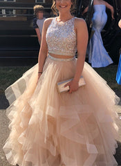 Exquisite Sequin Beaded Organza Ruffles Prom Dresses Two Piece