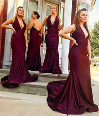 Long Burgundy Bridesmaid Dresses Halter Mermaid Gowns