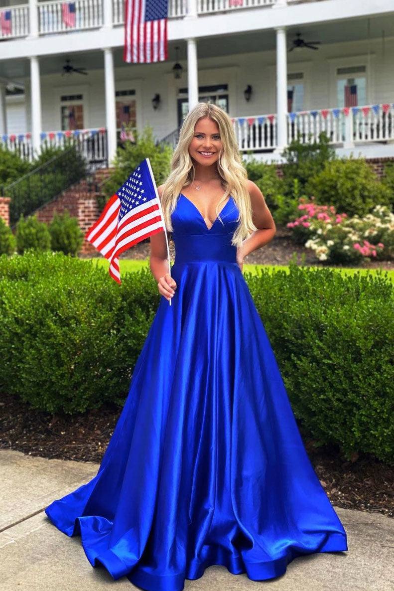 Simple blue v neck satin long prom dress blue evening dress - RongMoon