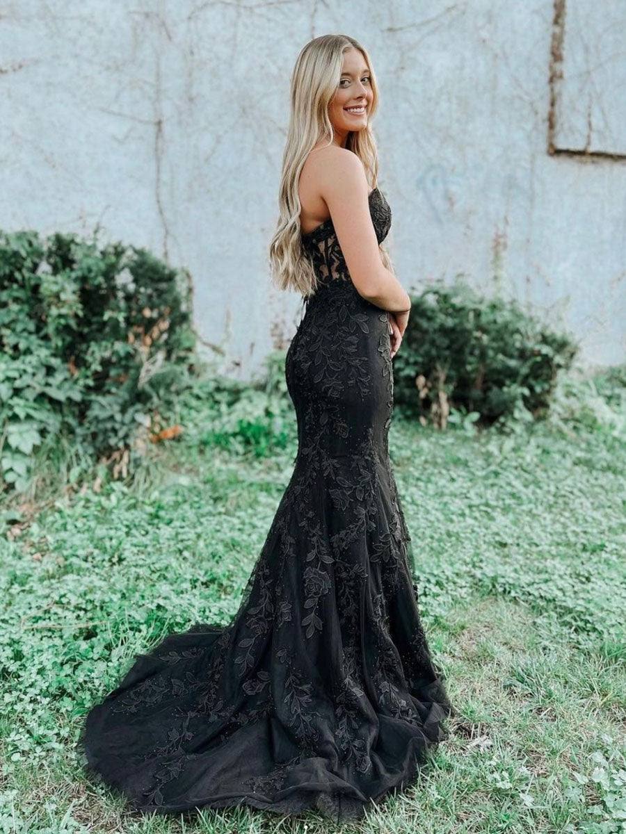 Black tulle lace mermaid long prom dress, black tulle lace evening dress - RongMoon