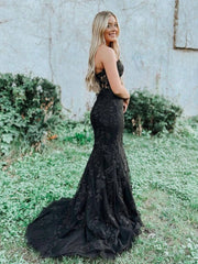 Black tulle lace mermaid long prom dress, black tulle lace evening dress - RongMoon
