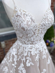 Champagne v neck tulle lace long prom dress lace tulle formal dress - RongMoon