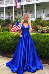 Simple blue v neck satin long prom dress blue evening dress - RongMoon
