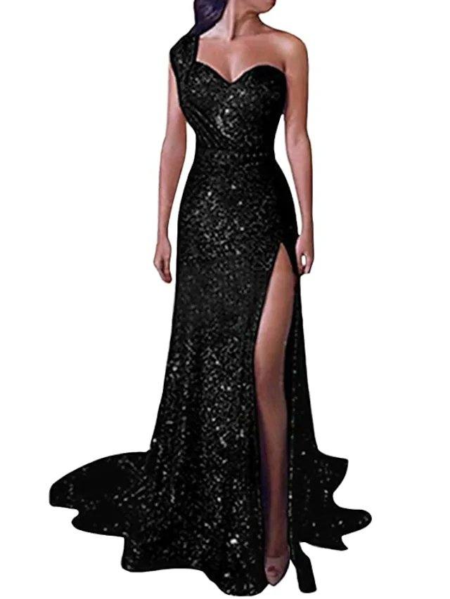 Mermaid / Trumpet Sparkle Sexy Engagement Formal Evening Dress One Shoulder Sleeveless Court Train Sequined with Sequin Split - RongMoon