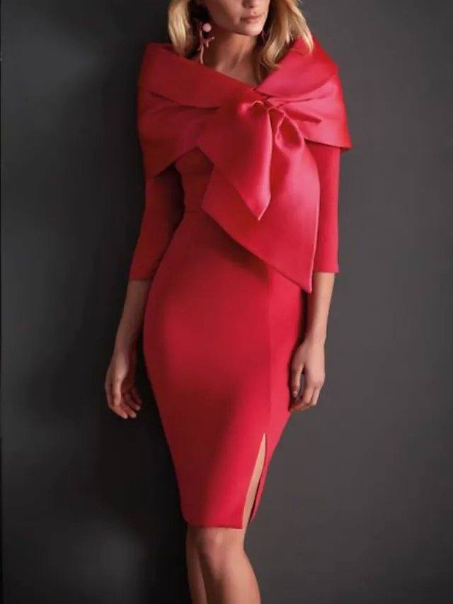 Sheath / Column Mother of the Bride Dress Elegant Bateau Neck Knee Length Satin 3/4 Length Sleeve with Split Front Flower - RongMoon