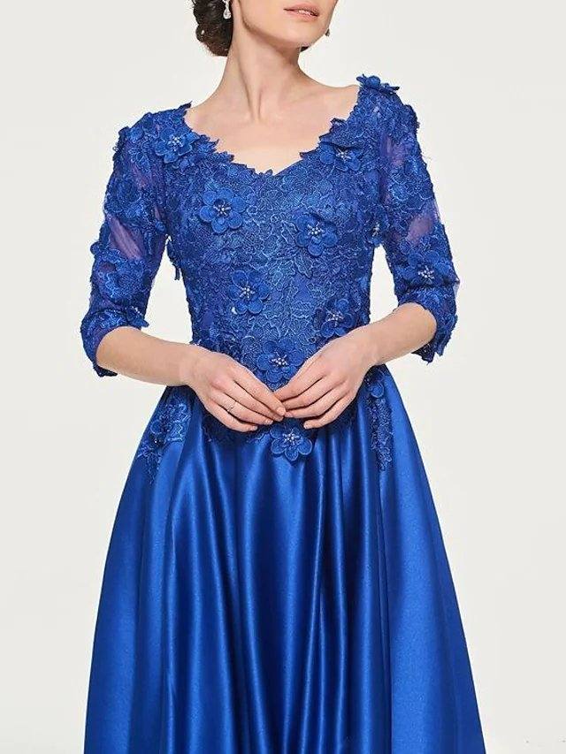 A-Line Mother of the Bride Dress Elegant V Neck Floor Length Lace Satin 3/4 Length Sleeve with Pleats Appliques - RongMoon