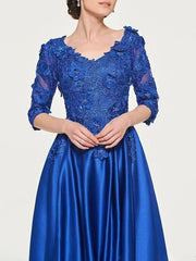 A-Line Mother of the Bride Dress Elegant V Neck Floor Length Lace Satin 3/4 Length Sleeve with Pleats Appliques - RongMoon