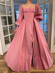 A-Line/Princess Long Sleeves Square Ruffles Satin Floor-Length Dresses - RongMoon
