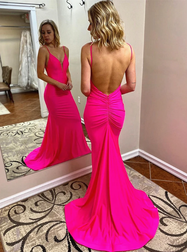 V-neck Backless Sexy Pink Mermaid Pleats Prom Dress