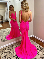 V-neck Backless Sexy Pink Mermaid Pleats Prom Dress